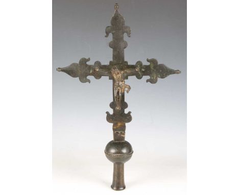 A 17th century dark brown patinated bronze Corpus Christi processional staff finial, height 51cm, width 33cm.