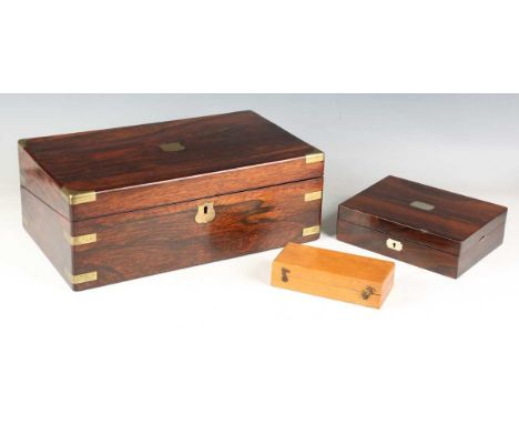 A Victorian rosewood and brass bound writing slope, width 40cm, together with a Victorian rosewood cased drawing instrument s