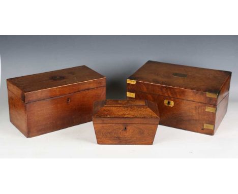 A George III mahogany tea caddy, width 33cm, a Regency rosewood sarcophagus tea caddy, a Victorian rosewood writing slope and