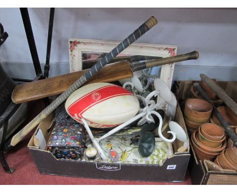 Mirror, trivets, cricket bat, signed Rugby ball, Hocky stick, etc:- One Box.