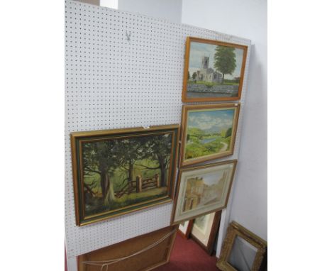 Frank A Davidson 1978, oil on board of river cottages, signed bottom right, together with oil on board of a church, signed bo