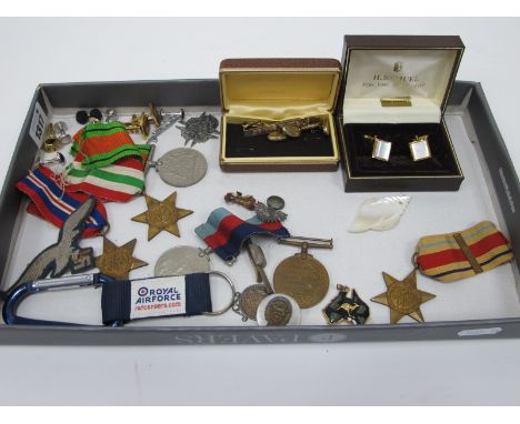 Defence, Africa Star, Italy Star, other medals, cuff links, German patch, etc.