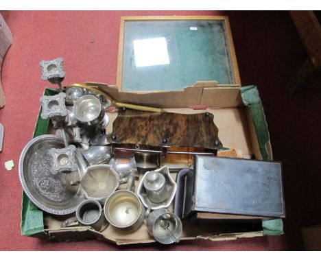 A Mantle Clock, plated ware, two silver spoons, onyx box, display case, etc:- One Box.