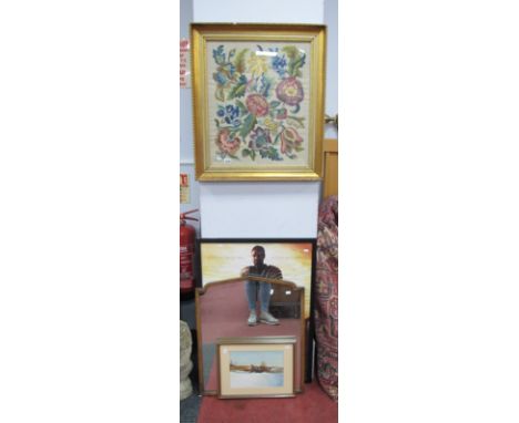 A Woolwork Tapestry of Flowers, oak mirror, Gladiators film poster, Stan Cosby watercolour of a gate. (4)