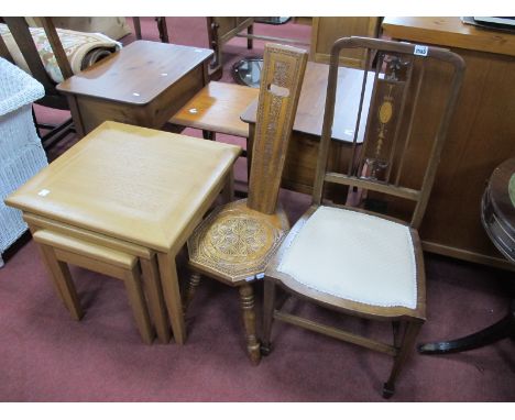 A Nest of Light Oak Coffee Tables, the largest 55cm wide, and Edwardian single chair and prayer chair. (3)