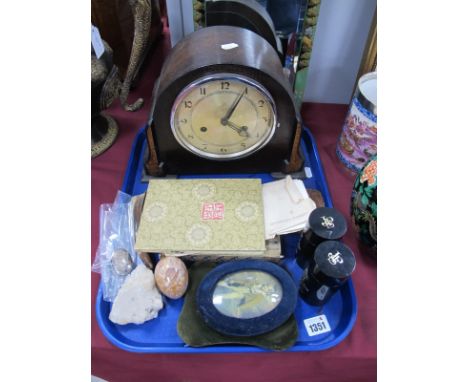 An Oak Cased Mantle Clock Chinese, mineral egg, silver patch box, etc:- One Tray.