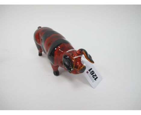 Anita Harris Flambé and Black Striped Model of a Pig, gold signed, 16cm long.