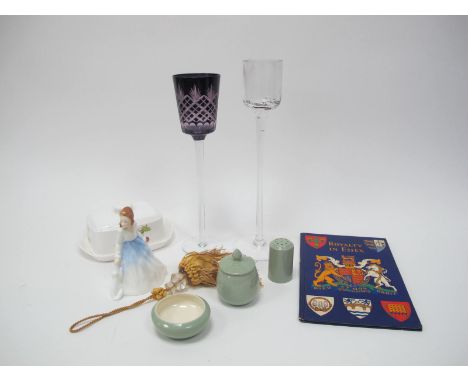 Poole Pottery Cruet Set, Royal Doulton 'Andrea' (HN3058), glass candle holders, etc :- On Tray  