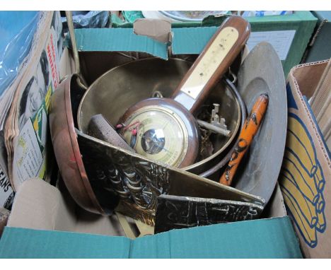 A XIX Century Brass Jam Pot, horse brasses, bell, trivet, barometer:- One Box.
