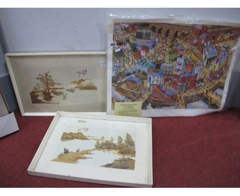 Joe Scarborough 'The Friendly One' Colour Print. R. Stevens watercolour, both unframed. Pair of Oriental wood work pictures o