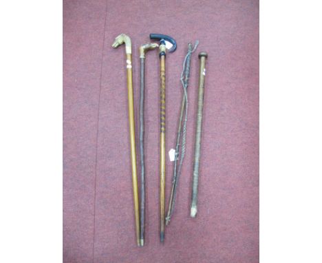 Horn Handled Walking Cane, with '1897' and Latin inscription to body, other canes, pit miners stick and whip.(5)