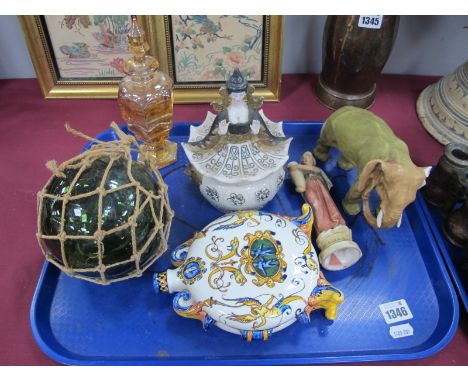 A Royal Dux Figure of Girl Holding a Urn, Royal Dux Elephant (damaged) Quimper ware moon flask, glass scent bottle, glass fis