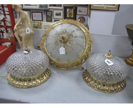 A Pair of Moulded Glass Ceiling Lights, 25cm diameter, a larger ceiling light. (3)