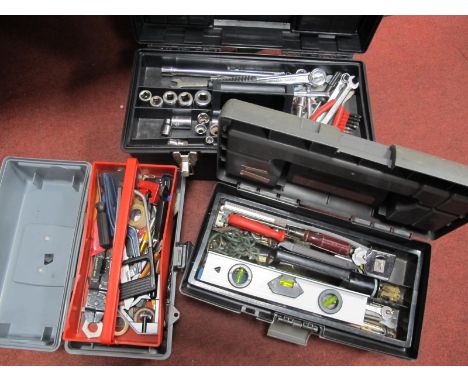 Tools - socket set, spanners, spirit level, drill bits many others, in three carry cases.