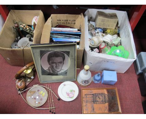 Books, ships wheel lamp, pewter ware, Elvis print, pottery, etc:- Three Boxes.