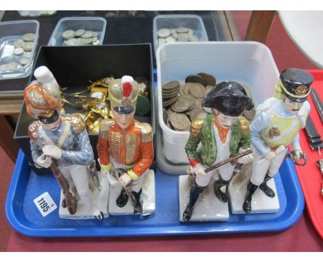 Coinage, clocks, Military ceramic figures:- One Tray.