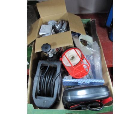 A Car Battery Charger, remote lights, tools etc:- One Box.