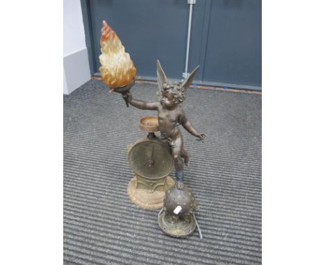 A XIX Century Continental Soft Metal Bronzed Lamp, in the form of a winged cherub (Auroua Vraobon), together with Salters fam