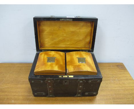 A XIX Coromandel Tea Caddy, with brass strap work 20cms wide, with satinwood caddies.