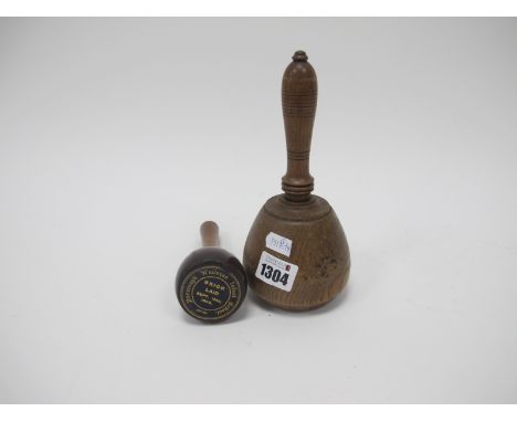 Two Commemorative Treen Hammers, one for the first brick laid at Burscough Infant School Sept, 1900, 14.5cm high, the other l