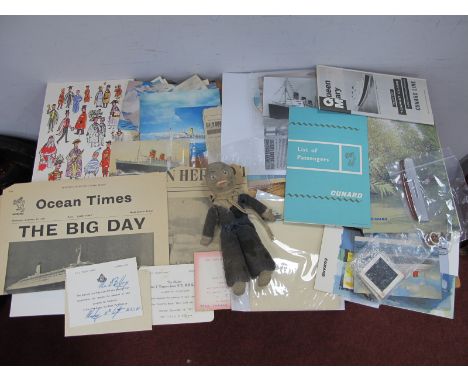 Cunard Line R.M.S 'Queen Mary' Ephemera, menu's Sept 1967, postcard, autograph Capt J Treasure Jones, invitations from The Ma