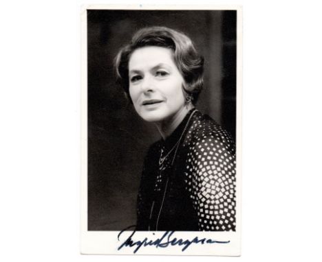 Ingrid Bergman. A 10.5cm x 16cm photograph signed on the lower white border in black by Ingrid Bergman. Photographers stamp t