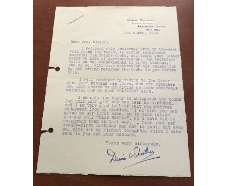 Author Dennis Wheatley typed signed letter 1968 to Mrs Wieler regarding trip to gather book material, reference to visit to T