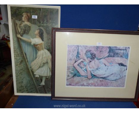 A framed Print of Two ladies on ladder looking over fence signed lower right Eugine Black and a large framed and mounted prin