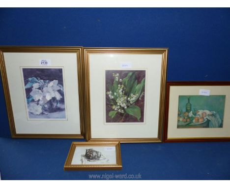 Four Prints including 'Still life with onions, Cezanne', framed and mounted print of a Vase with Hellebores, Anne Cotterill, 