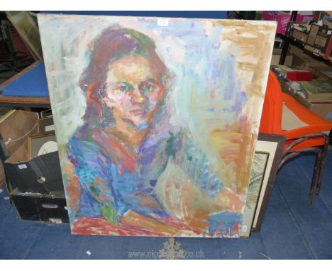 A large unframed Oil on canvas, depicting a three quarter Portrait of a Lady seated, 34" x 40".