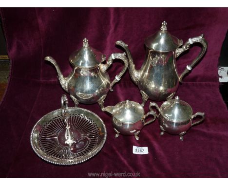 A four piece plated tea and coffee set by M &amp; R and a cake stand.