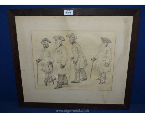 A wood framed penal sketch depicting Chelsea Pensioners, no visible signature, 22 1/4" x 19 1/4".