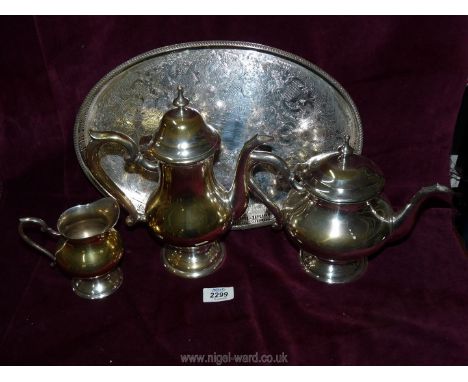 A Sheffield plate galleried tray, together with an Epns three piece Teaset including; teapot, hot water pot and milk jug.