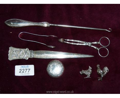 A quantity of silver items including letter opener by Tessiers Ltd, sugar snips by Wakely (all London), button hook by Boots 