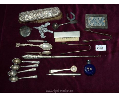 A tray of assorted silver and other items including circular Vesta, a/f, ceramic and silver topped scent bottle, hairbrush et
