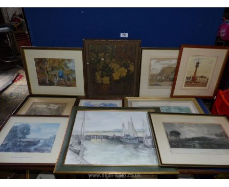 A quantity of pictures and prints to include an oil on canvas still life, an oil painting of Children and a gentleman fishing