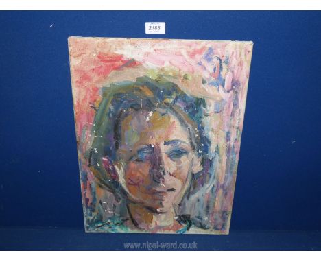 An unframed Oil on canvas depicting a portrait of a woman, no visible signature, 14" x 18".