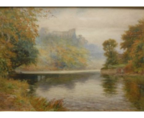 R. CHRISTIE-SMITH "Barnard Castle on River Tees Durham" study of the castle on a hill with river in foreground a figure fishi