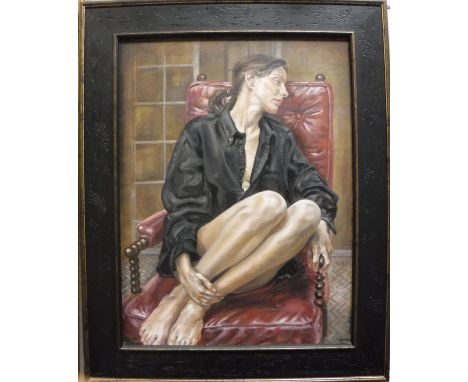 ALEXANDER "SACHA" NEWLEY "Girl in a red chair", a portrait study, oil on canvas, signed and dated '01' lower right, inscribed