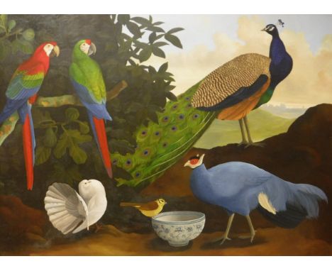 LIZZIE RICHES "Peacock and Assorted Fowl", a modern study in the old master style, oil on board, unsigned, inscribed on Porta