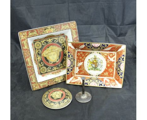 A Royal Worcester Queen Elizabeth II Golden Jubilee trinket dish, two Versace square dishes, a Christian Dior Dioricis Limoge