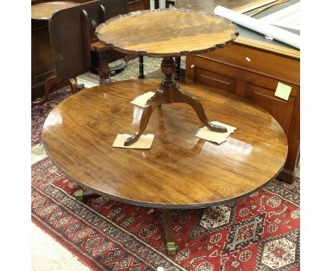 A 19th Century mahogany oval breakfast table on quadruped base (cut down) and a modern mahogany pedestal tea table on tripod 