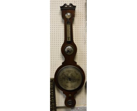 A 19th Century rosewood cased banjo barometer thermometer with silvered dials and central convex mirror, the main dial decora