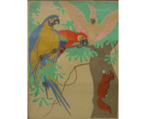JOHN HALL THORPE (1874-1947) "Parrots and squirrel", colour woodblock print, signed in pencil lower right CONDITION REPORTS S