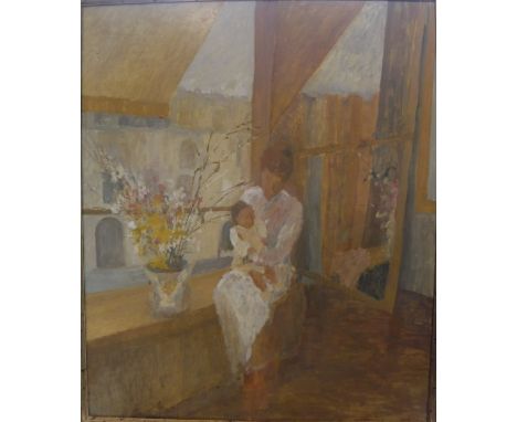 ANN SHRAGER (b. 1948) "Mother and child seated upon a ledge", portrait study, oil on board, unsigned, inscribed on "Royal Aca
