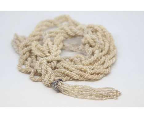 Art Deco pearl and rose cut diamond lariat necklace, several fine rows of strung 0.5-2mm seed pearls twisted as three larger 