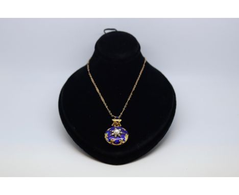 Blue enamel, diamond and pearl mourning pendant, central pearl measuring 5mm, surrounded by seven rose cut diamonds in a star