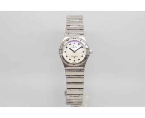 Ladies Omega Constellation, mother of pearl dial with dot hour markers, stainless steel case and bracelet