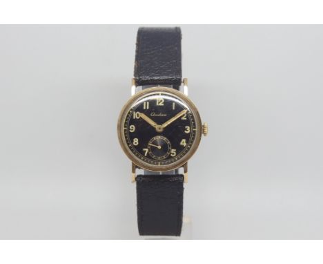 Audax Art Deco gents 9ct gold cased wristwatch, luminous hands and Arabic markers on black enamel dial with separate seconds 