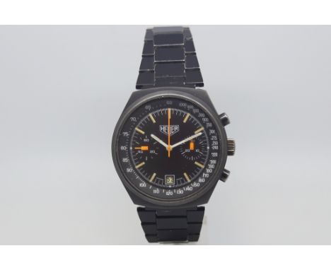 Vintage Heuer PVD chronograph, circular black dial, with two subsidiary dials, orange subsidiary and seconds hands, baton hou